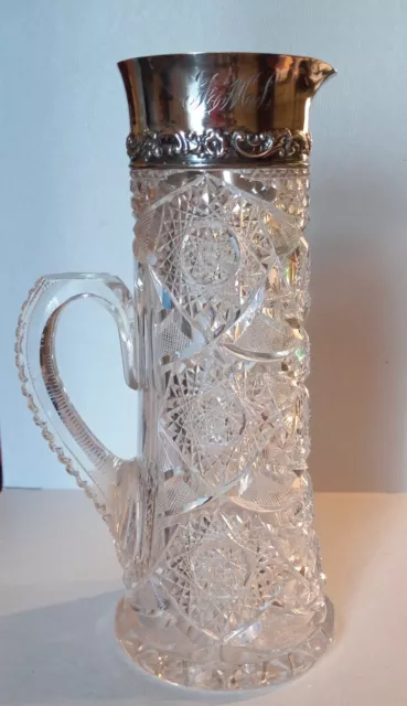 Antique ABP Brilliant Cut Crystal Claret Jug, Pitcher, Repousse Sterling Top 10"