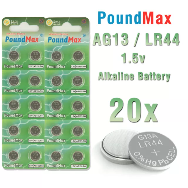 20x PoundMax AG13 LR44 Knopfzelle Knopfbatterie SR44W 357 G13 A76 MHD 12-2025