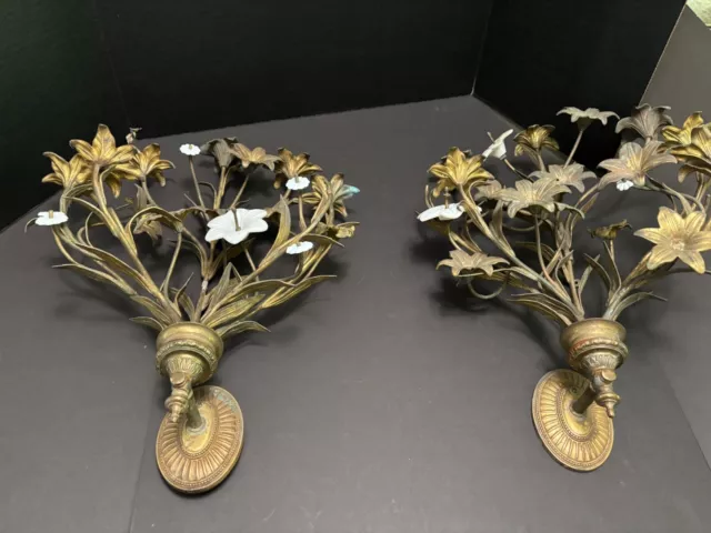 Antique French Gilt Bronze & Porcelain LILY Flower Wall Sconces Losses No Wiring