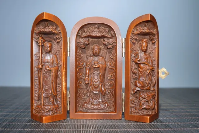 4" Chinese Natural Boxwood Hand Carved Exquisite Three Open Box B3