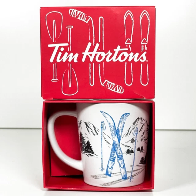 Tim Hortons 2018 Skis Mountains Coffee Mug Cup Limited Edition Blue Inside NEW