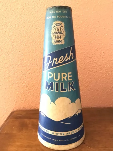 Antique Rare Fresh Pure Milk Waxed Kone Dakota Paper Carton Dairy Collectible