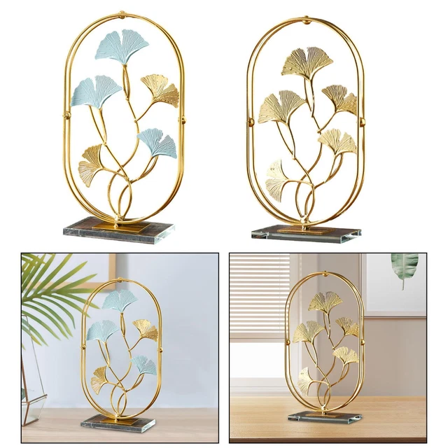 2 Pièces Statue Feuille De Ginkgo Dorée - Ornement Décoratif Moderne En Métal Sur Base Bois