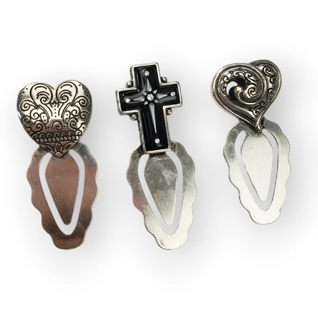Vintage Metal Bookmark Set Of 3 Heart Cross Silver Tone Black Enamel Rhinestone