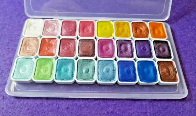 Metallic Pearl Watercolor Paint, 24 Colors, Solid Quarter Pans Set, Glittering,