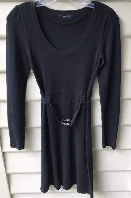 DECJUBA Black Knit Dress LBD XS 8 Sweater Belted Long Sleeve Scoop Neck EUC