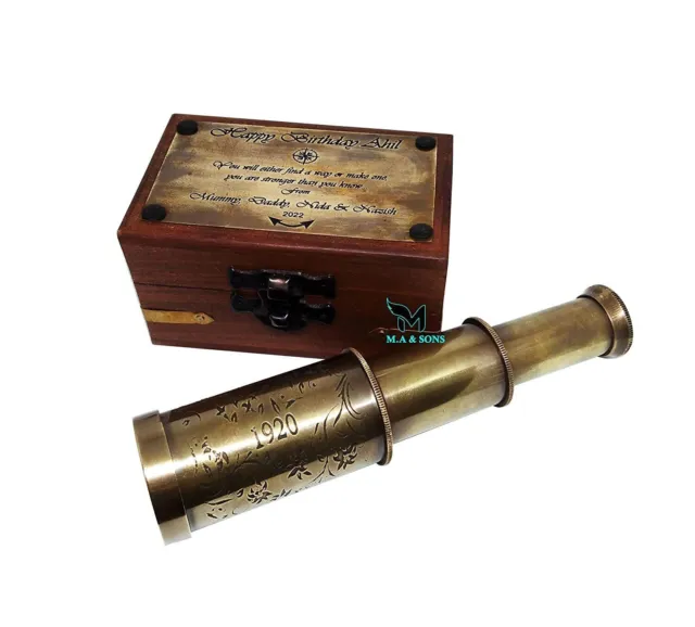 Antique 6" Brass Telescope Antique Color with Wood Box Gift Item Customized