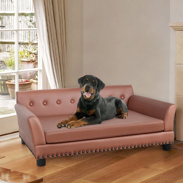 Deluxe Leather Large Dog Sofa Bed Pet Cat Elevated Lounger Couch with Wood Frame