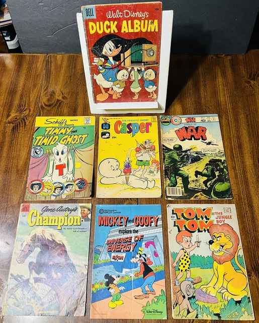 Lot Of 7 Vintage Comic Books, Casper, Disney, Gene Autry, War, Rare, Free Ship!