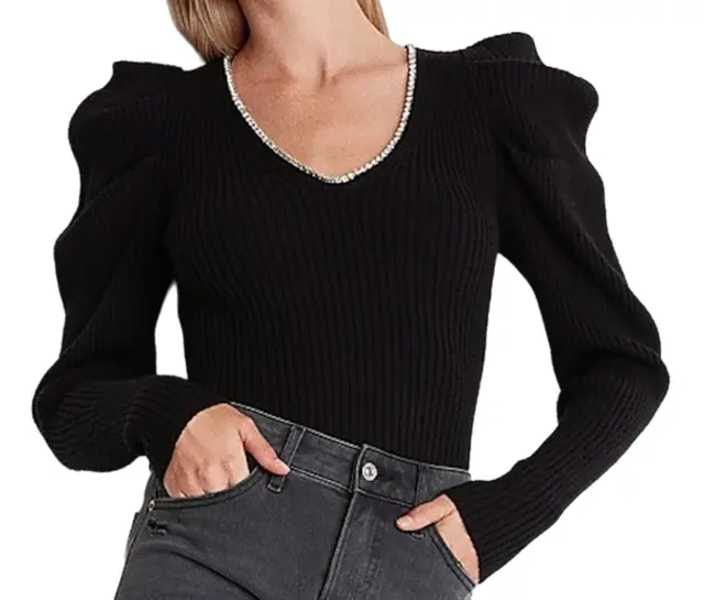 New Express Black Embellished V-Neck Puff Sleeve Rhinestone Sweater Top Size Xs