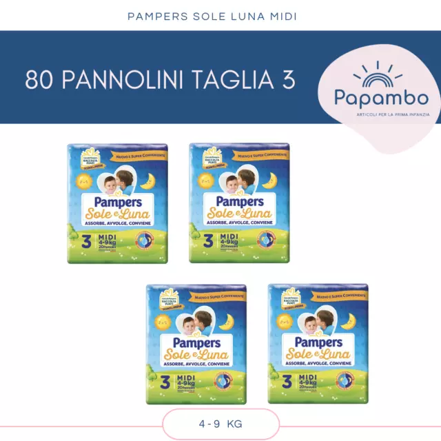 80 PANNOLINI PAMPERS SOLE LUNA MIDI TG 3 (4-9 kg)  4 PACCHI DA 20 PZ CONVENIENZA