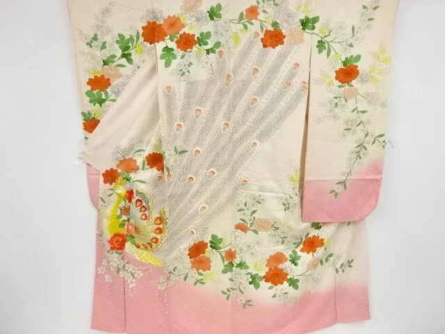 85446# Japanese Kimono / Antique Furisode / Embroidery / Peacock & Flower