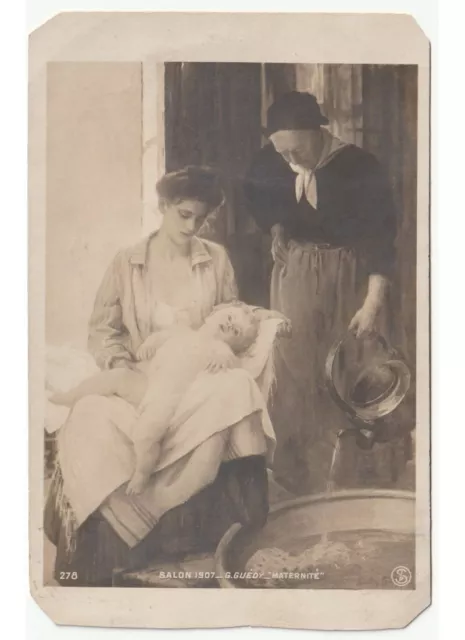 1907 arte in cartolina - G. Guedy - Maternité - nonna mamma bagno neonato