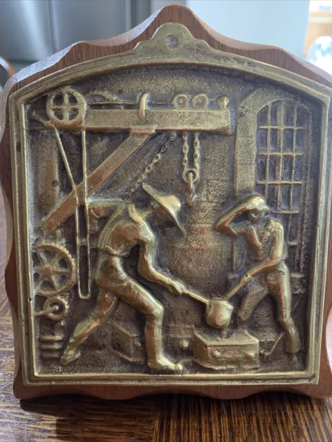 Antique Mounted Bronze Plaque Depicting A Foundry Blacksmith Metal Worker Scene