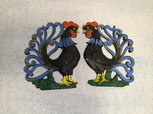 ANTIQUE CAST IRON Metal Rooster Plaques Chicken Wall Decor Set of 2 £23 ...