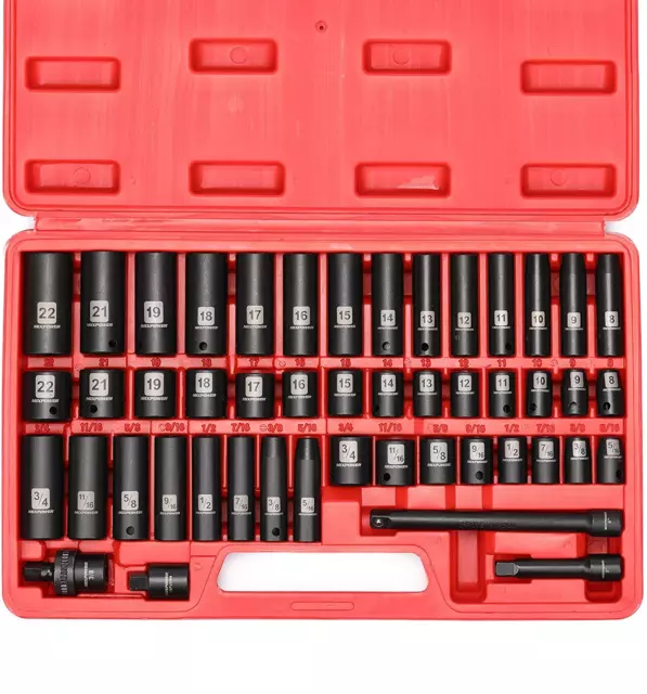 3/8 Drive Deep Impact Socket Set 6 Point 48 Piece Standard SAE And Metric Steel