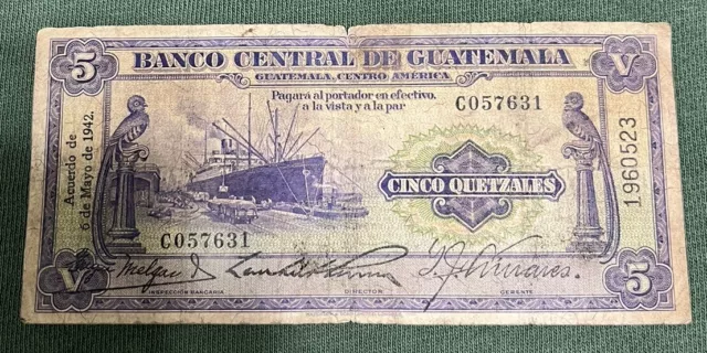 1942 Bank Of Central Guatemala 5 Quetzals Cinco Quetzales