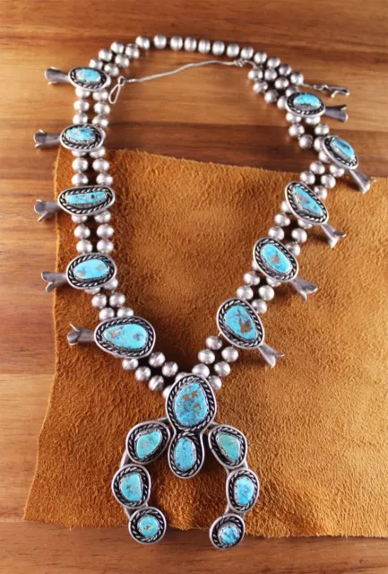 NAVAJO Beaded Turquoise Squash Blossom Necklace Sterling Silver 24.5" *REPAIR*