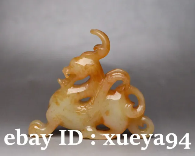 Collect Natural Hetian old Jade Carving Fengshui fly Dragon Brave Beast Statue