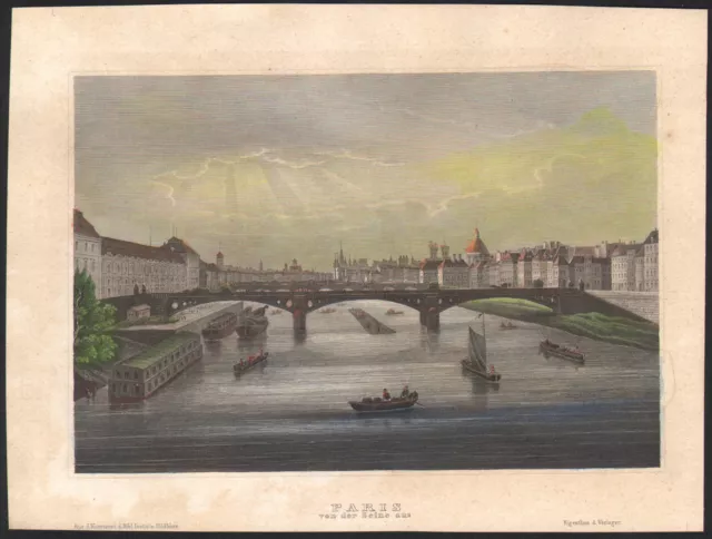 1839 Watercolor engraving View of Paris Bridge over the Seine Peniches