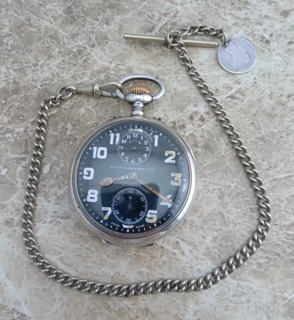 WW1  Trench Silver Cased Zenith  Alarm officers Pocket Watch 1914 & Albert Chain