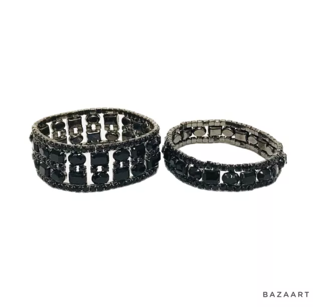 Black Rhinestones Gunmetal Gray Stretch Cuff Bracelets Lot Of 2 Fashion Gothic