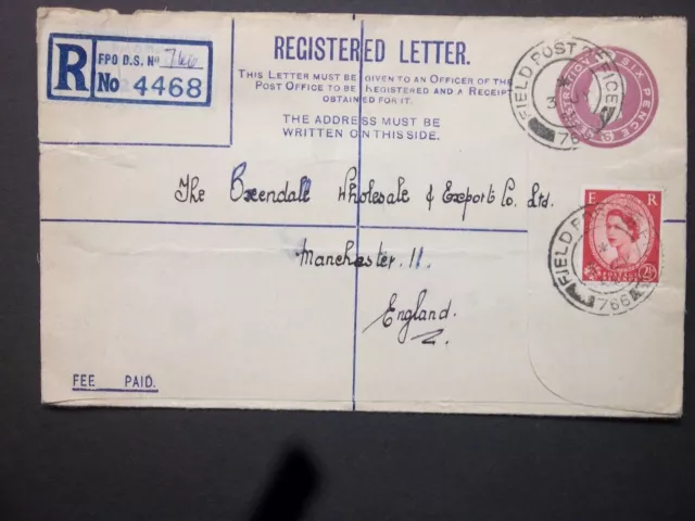 Stationery Forces Uprated KGVI 6d Registered Envelope FPO 766 to Manchester RPF9