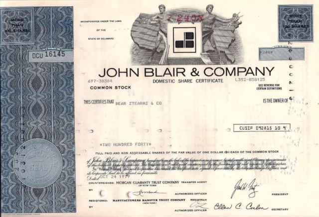 Stock certificate John Blair & Company State of Delaware More Than 100 shares