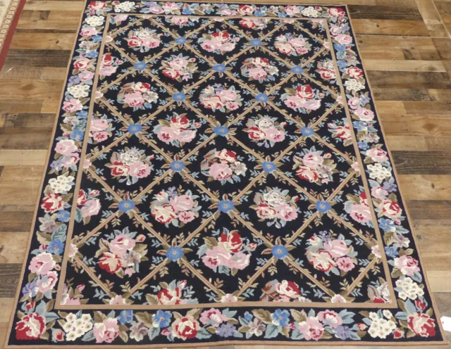 5'x7' Fine Country French Floral Black hand knotted wool Needlepoint area rug