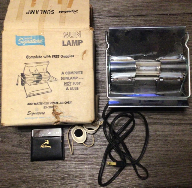 Lámpara Solar Original Vintage Wards Firma Incl. Gafas Caja de Bronceado Luz Espejo