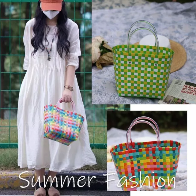 Hand Woven Beach Bag Plastic Basket Bags Fashion Hand Woven Bag  Unisex