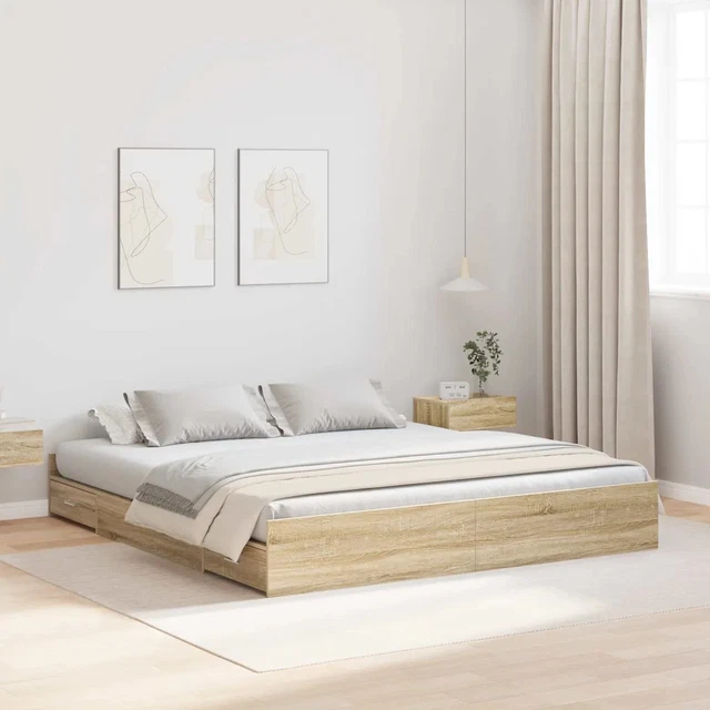 STORAGE BED FRAME Sonoma oak 200 x 200 cm Engineered wood vidaXL £372. ...