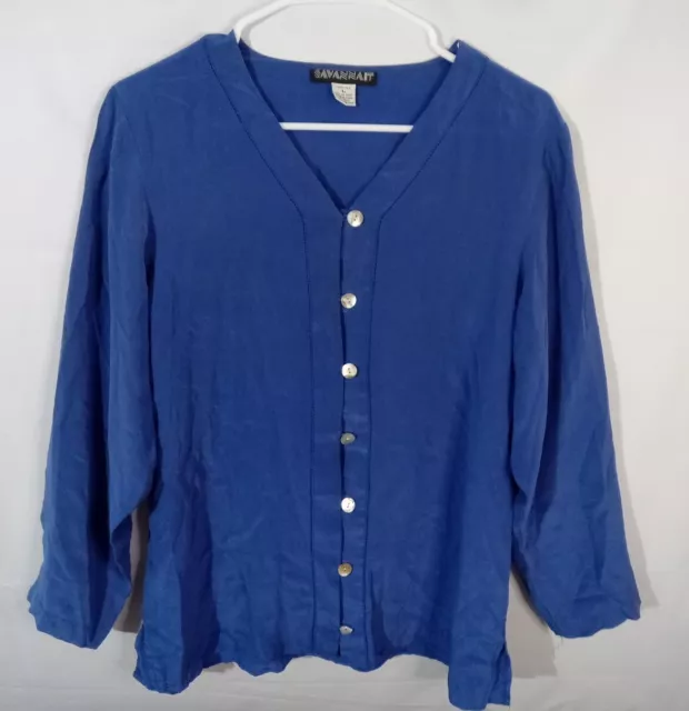 SAVANNAH Button Up Shirt WOMEN’S LONG SLEEVE Blue 100% SILK - SIZE LARGE