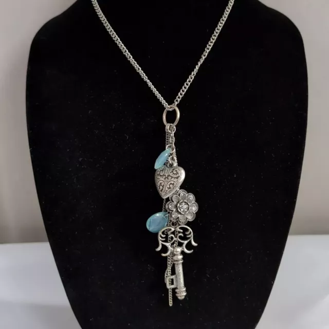 Long Silver Tone Necklace with Dangling Charms Heart Flower Key 26" 2