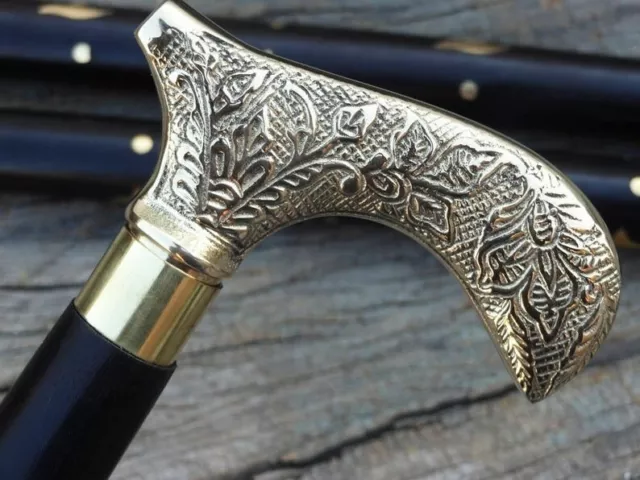 Wooden Vintage Walking Cane Stick | Beautiful brass Head carved handle old desig