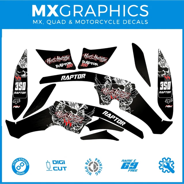 🔴 Yamaha Raptor 350 Quad 04-14 FREE Name. Decals Graphics Stickers Black skull