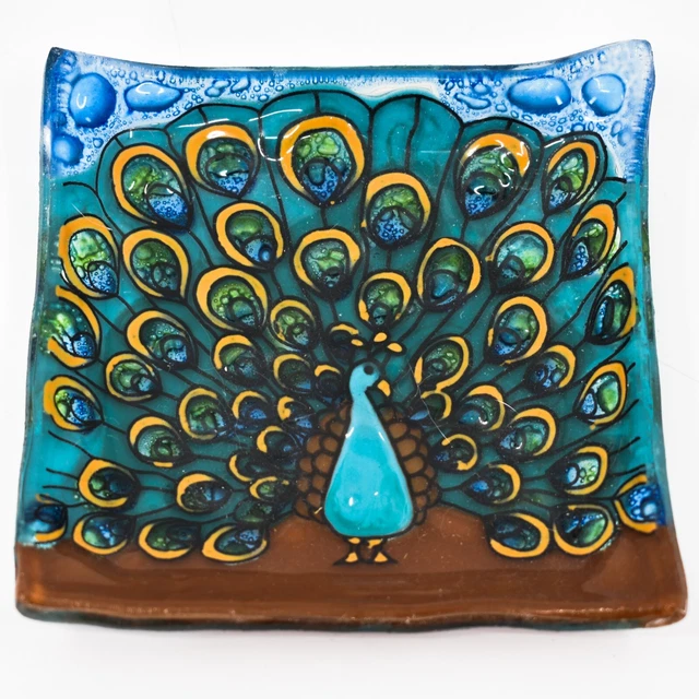 Fused Art Glass Showy Peacock Bird Design Soap Trinket Dish Handmade in Ecuador