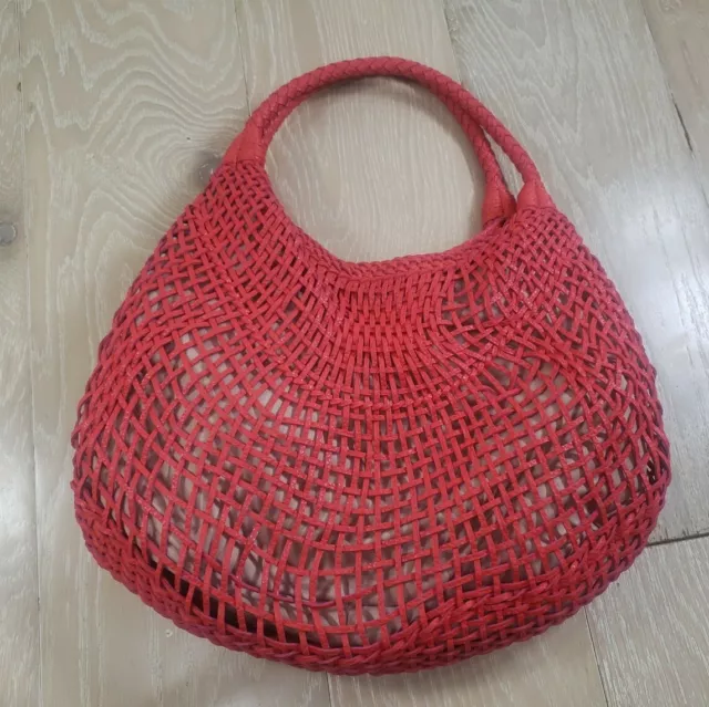 SR2 Sondra Roberts Squared Red Lattice Work Boho Tote Shoulder Bag Purse Handbag