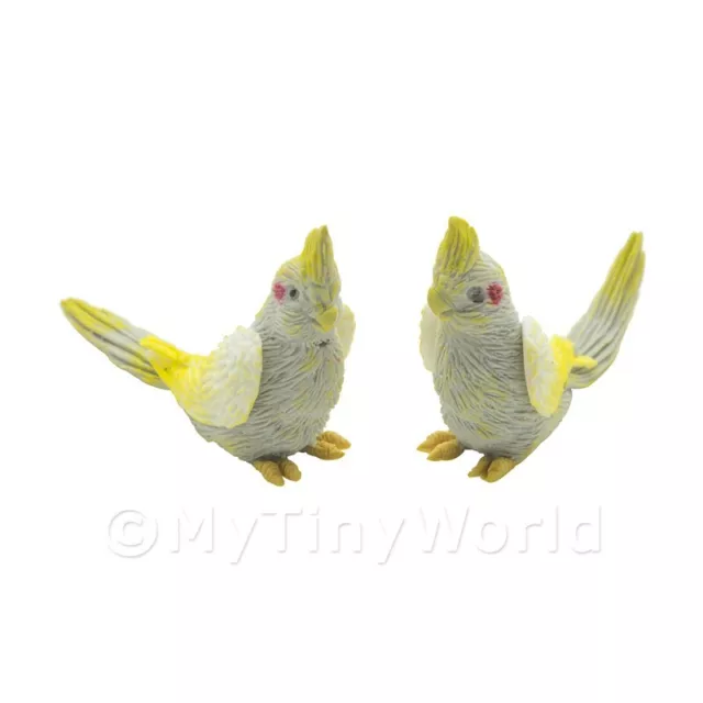 Pair of Dolls House Miniature Handmade Grey And Yellow Cockatoos