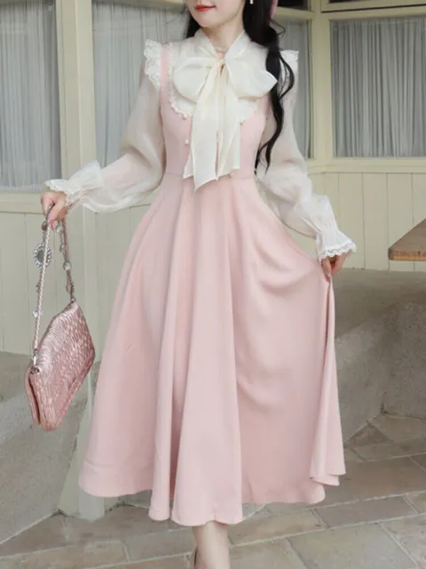Elegant Evening Party Midi Dres Bow Pink French Vintage Kawaii  Bubble Sleeve