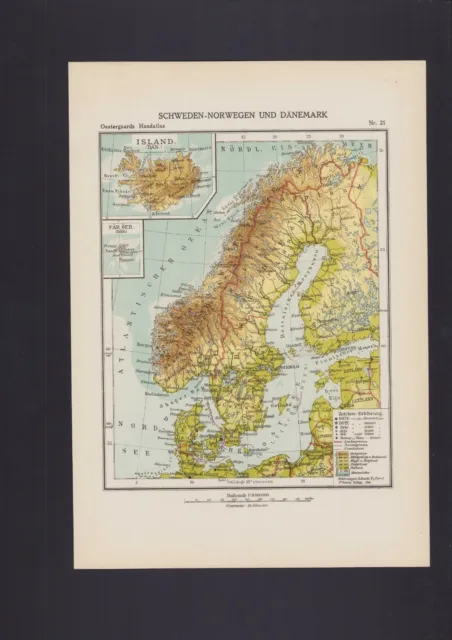 Landkarte map 1927: Schweden Norwegen und Dänemark. Ostsee Skandinavien Nordsee