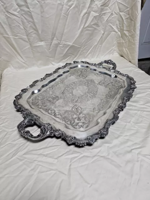 Large Vintage Silver Plated Butlers Serving Tray Handled Ornate L.B.S Co