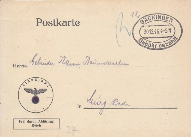 F.Zone - SÄCKINGEN - Gebühr bezahlt - Karte - 1946