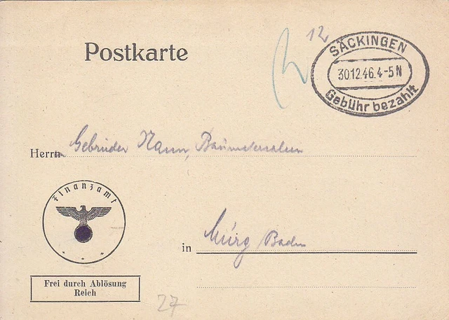 F.Zone - SÄCKINGEN - Gebühr bezahlt - Karte - 1946