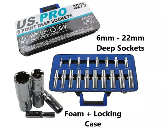 US PRO Tools 18 STCK. 1/4"" & 1/2"" DR tiefer Steckschlüsselsatz 6 - 22 mm 6PT 3275