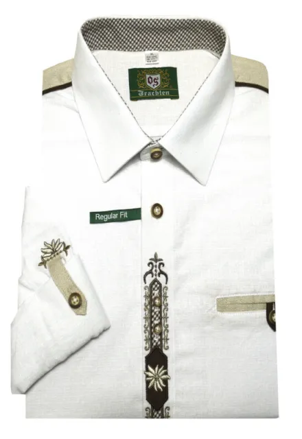 Trachtenhemd weiß mit Stickerei Schulterpasse und Krempelarm Regular Fit TH-0214