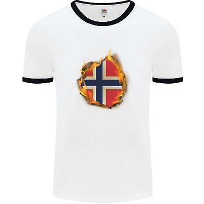 The Norwegian Flag Fire Effect Norway Mens White Ringer T-Shirt