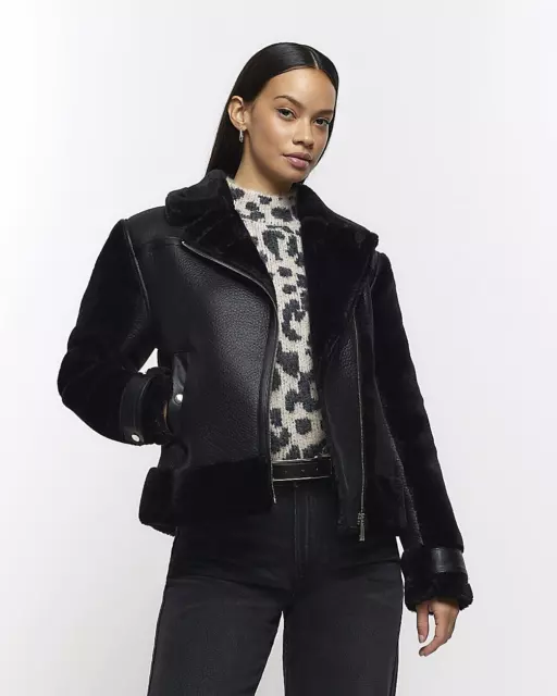 RIVER ISLAND WOMENS Black Insulated Faux suede Jacket Size 16
