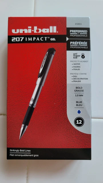 Uni-Ball 207 Impact Stick Gel Pen Bold 1MM Blue Ink Black Barrel 12 Pens Uniball