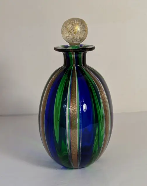 Murano Bucella Cristalli Stripes Blue Green Copper Glass Large Perfume Bottle 2